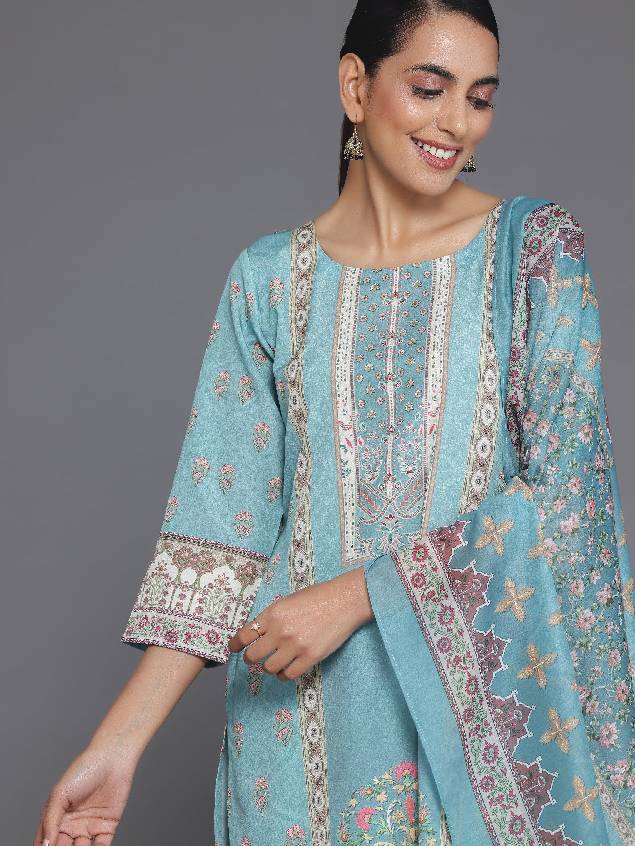 Blue Printed Poly Crepe Straight Suit With Dupatta