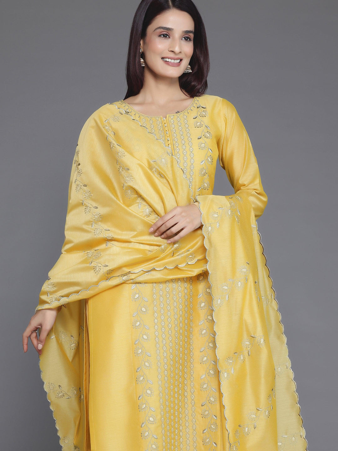 Yellow Embroidered Chanderi Silk Straight Suit With Dupatta - Libas