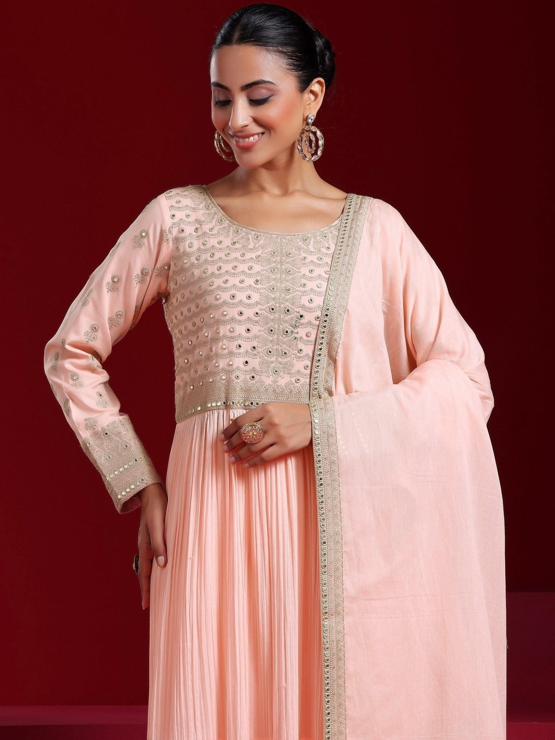 Libas Art Peach Embroidered Cotton Blend A-Line Kurta With Sharara & Dupatta - Libas 