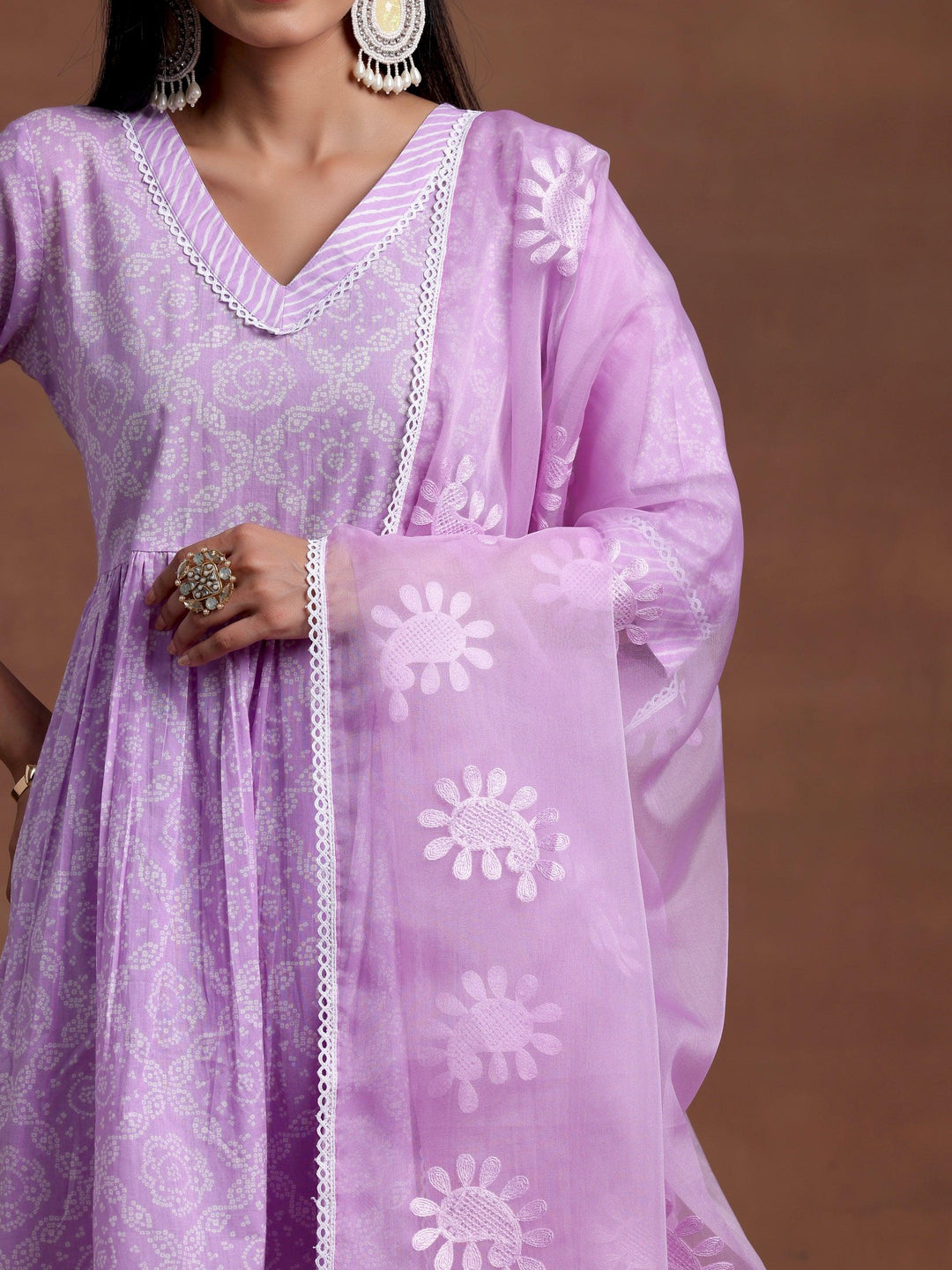 Purple Printed Cotton A-Line Kurta With Sharara & Dupatta - Libas 