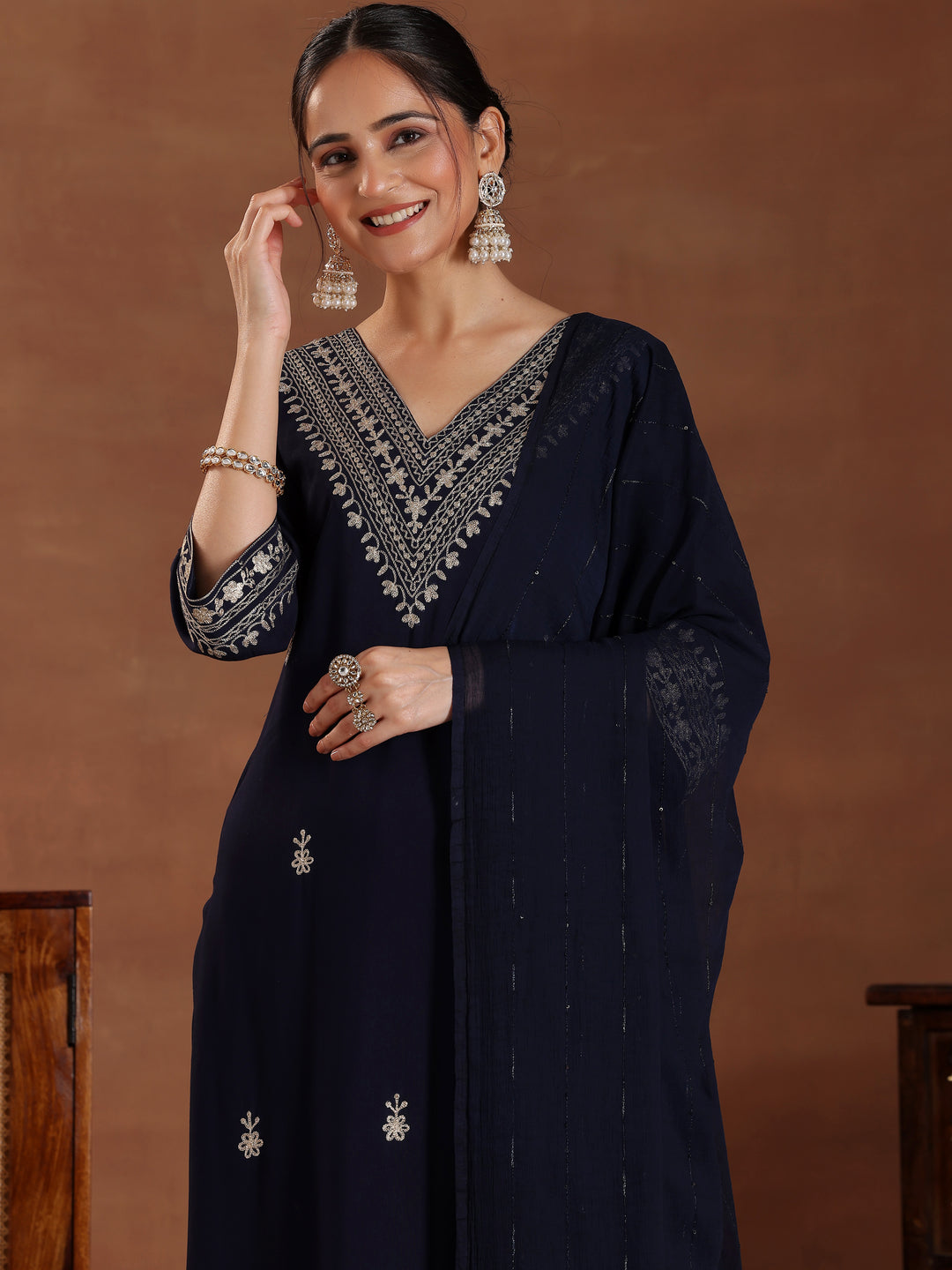  Blue Embroidered Rayon Straight Suit With Dupatta 