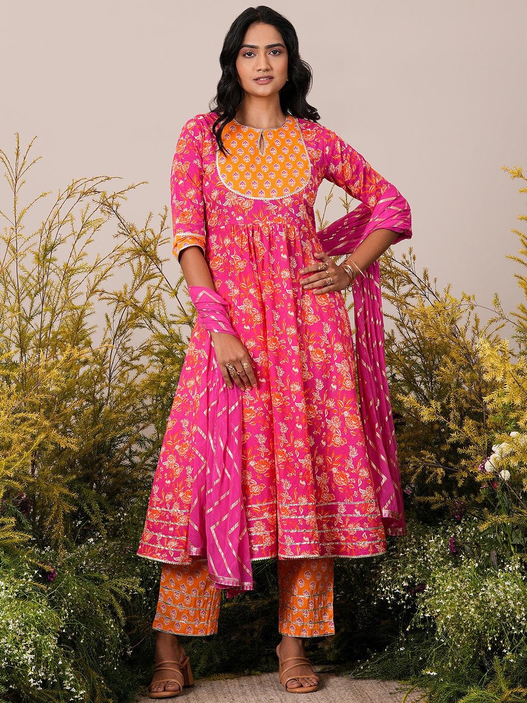 Pink Yoke Design Cotton Anarkali Suit With Dupatta - Libas 