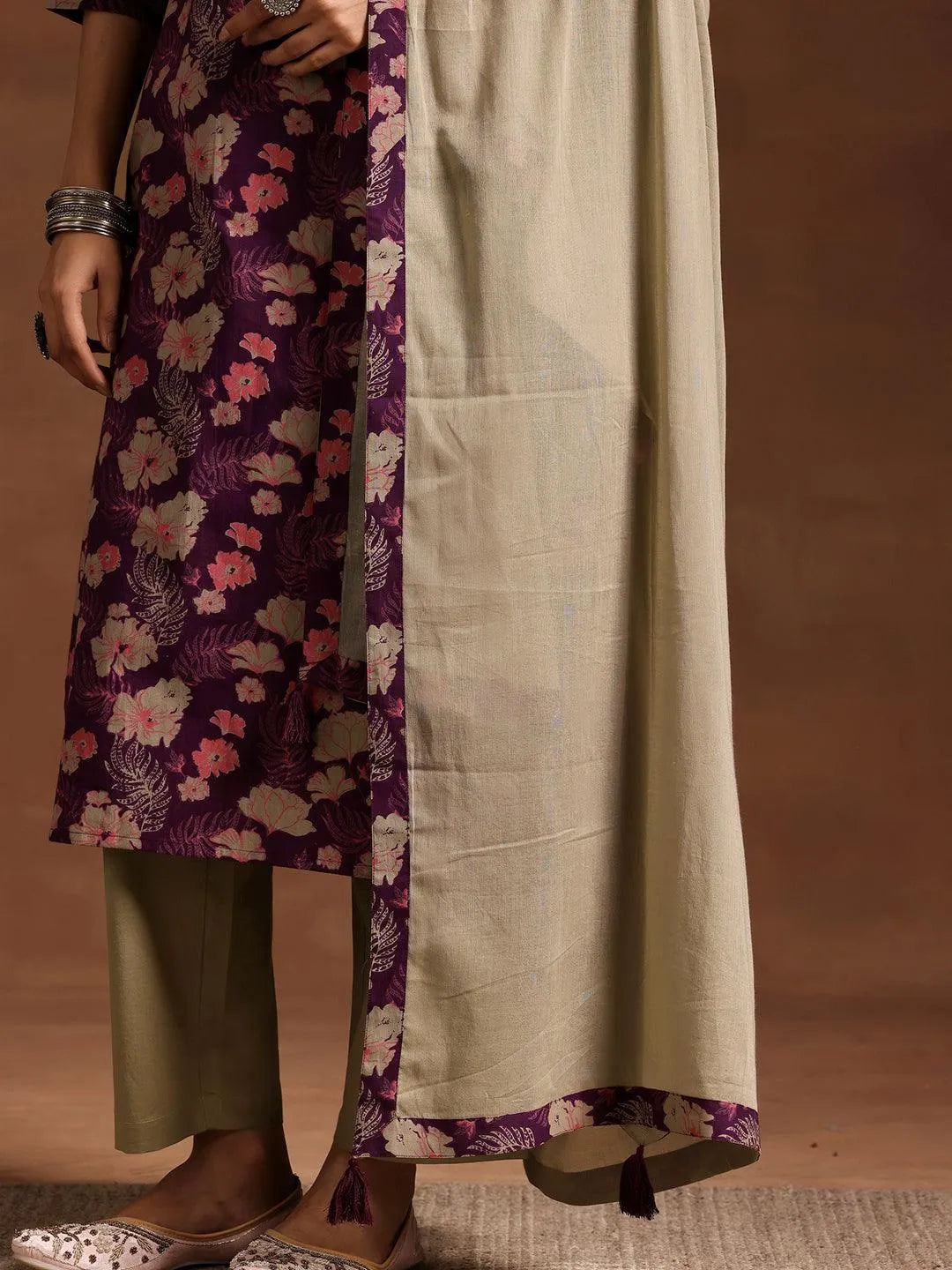 Wine Printed Cotton Straight Suit With Dupatta - Libas 