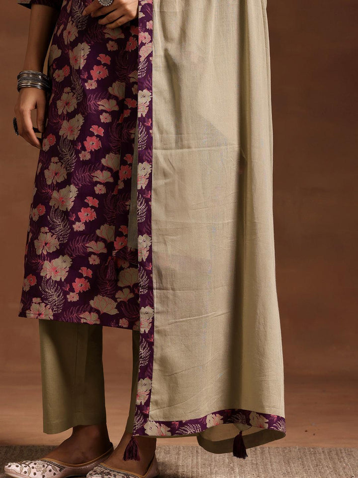 Wine Printed Cotton Straight Suit With Dupatta - Libas