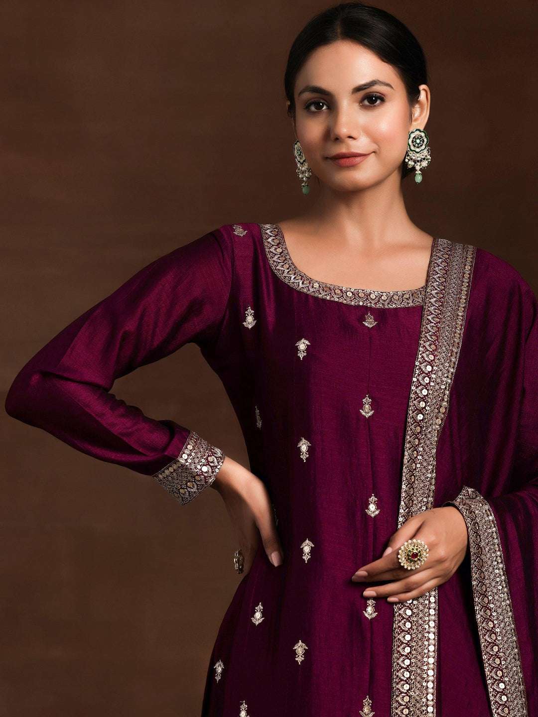 Maroon Embroidered Silk Blend Straight Suit With Dupatta - Libas