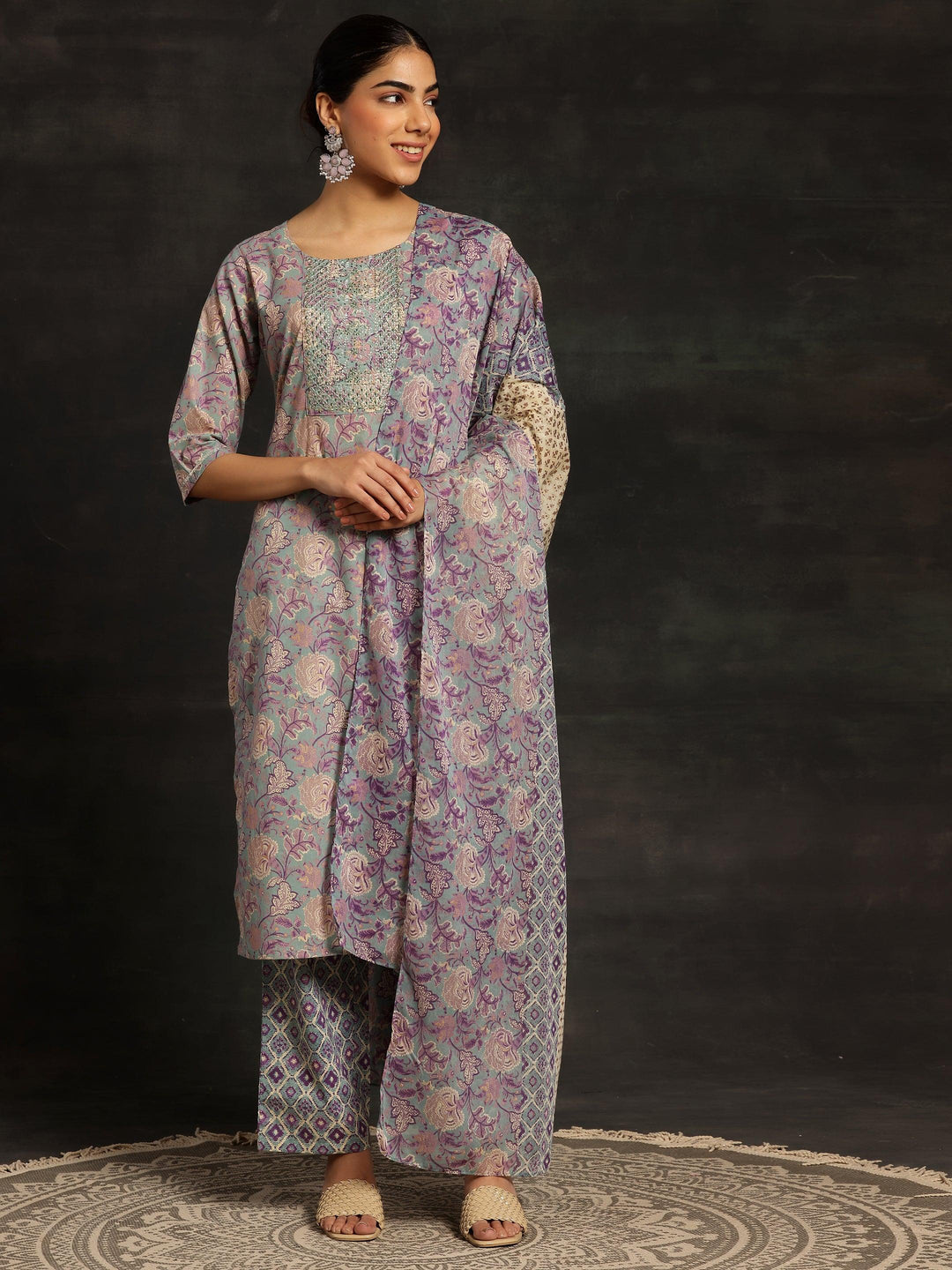 Blue Printed Cotton Straight Suit With Dupatta - Libas