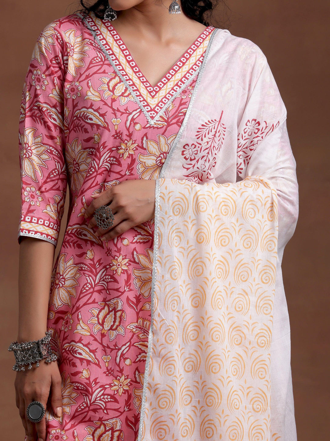 Pink Printed Cotton Straight Suit With Dupatta - Libas