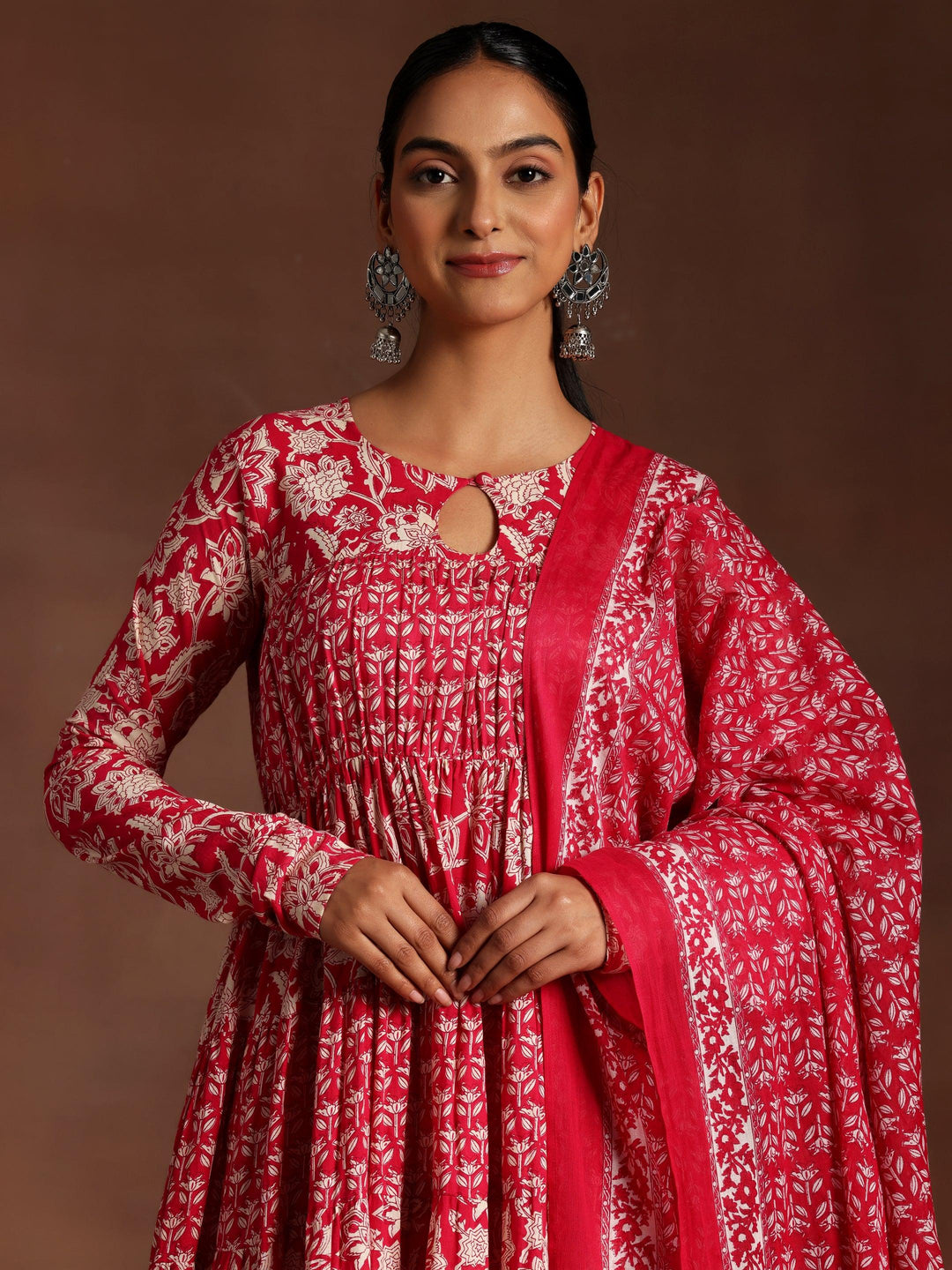 Kashish Pink Printed Cotton A-Line Kurta With Trousers & Dupatta - Libas 