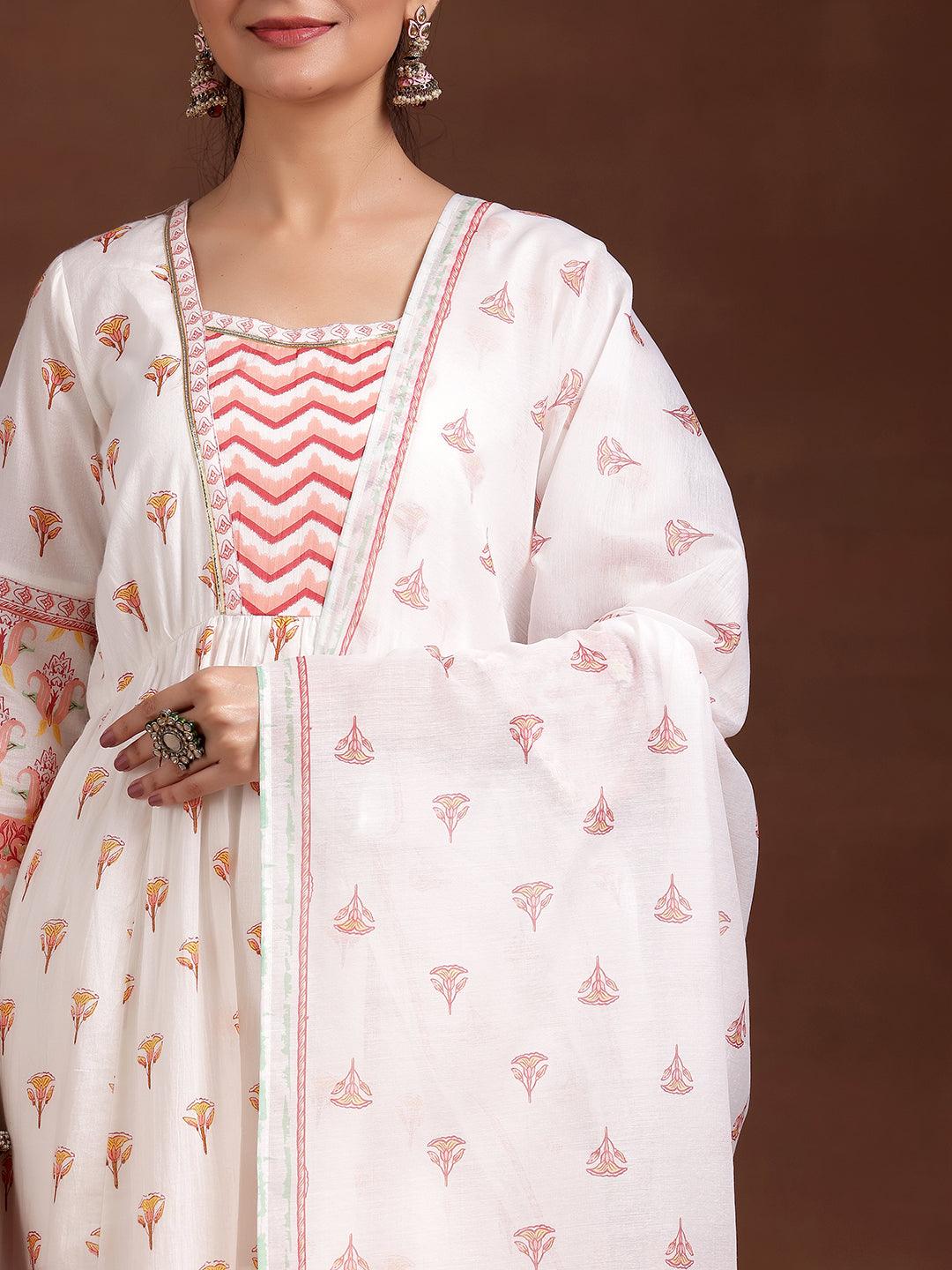 Off White Printed Cotton Anarkali Suit With Dupatta - Libas 