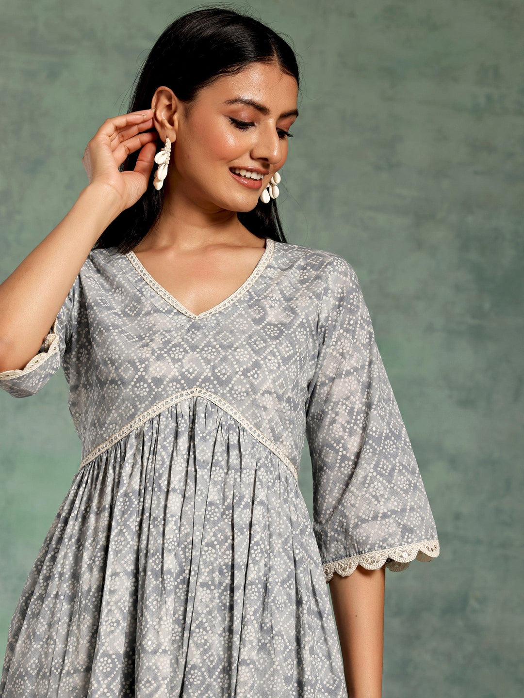 Grey Printed Cotton A-Line Kurta With Palazzos & Dupatta - Libas 