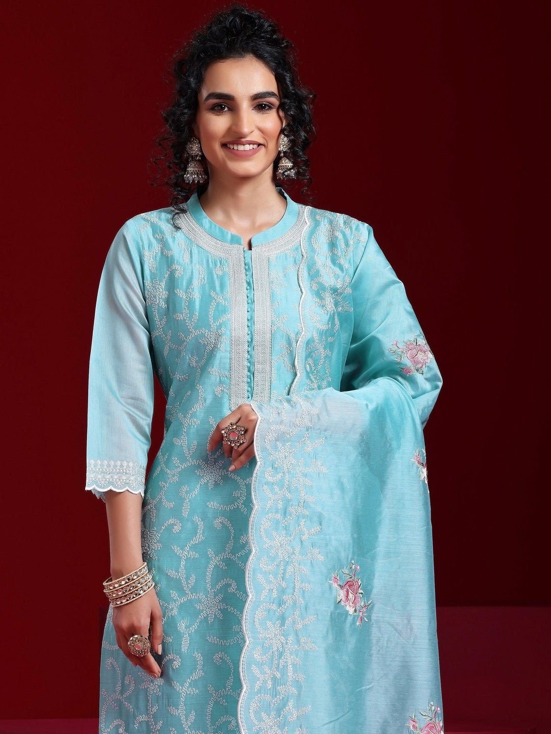 Libas Art Blue Embroidered Chanderi Silk Straight Suit With Dupatta - Libas 