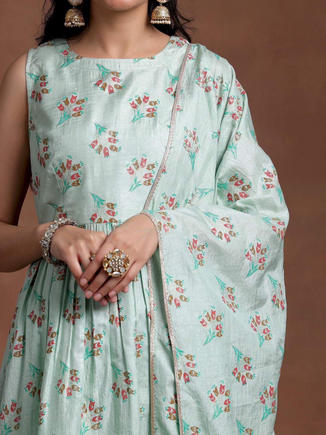 Sea green Printed Silk Blend A-Line Kurta With Palazzos & Dupatta - Libas 