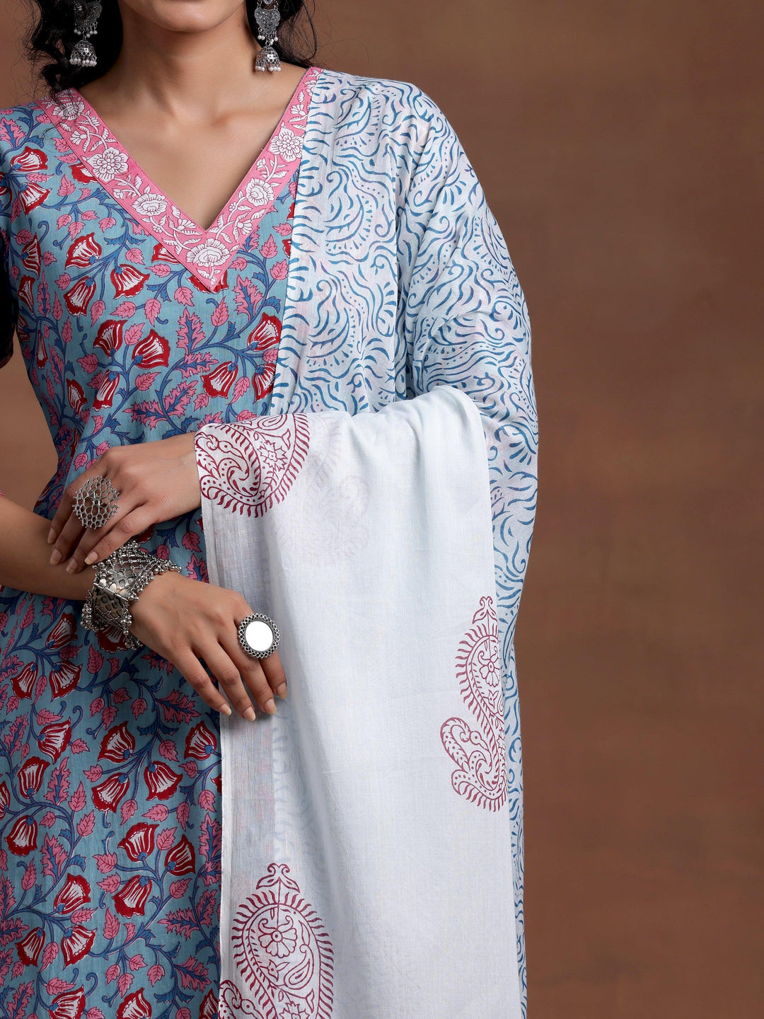 Blue Printed Cotton Straight Suit With Dupatta - Libas 