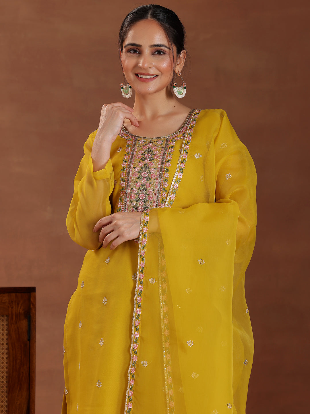  Mustard Embroidered Organza Straight Suit With Dupatta 