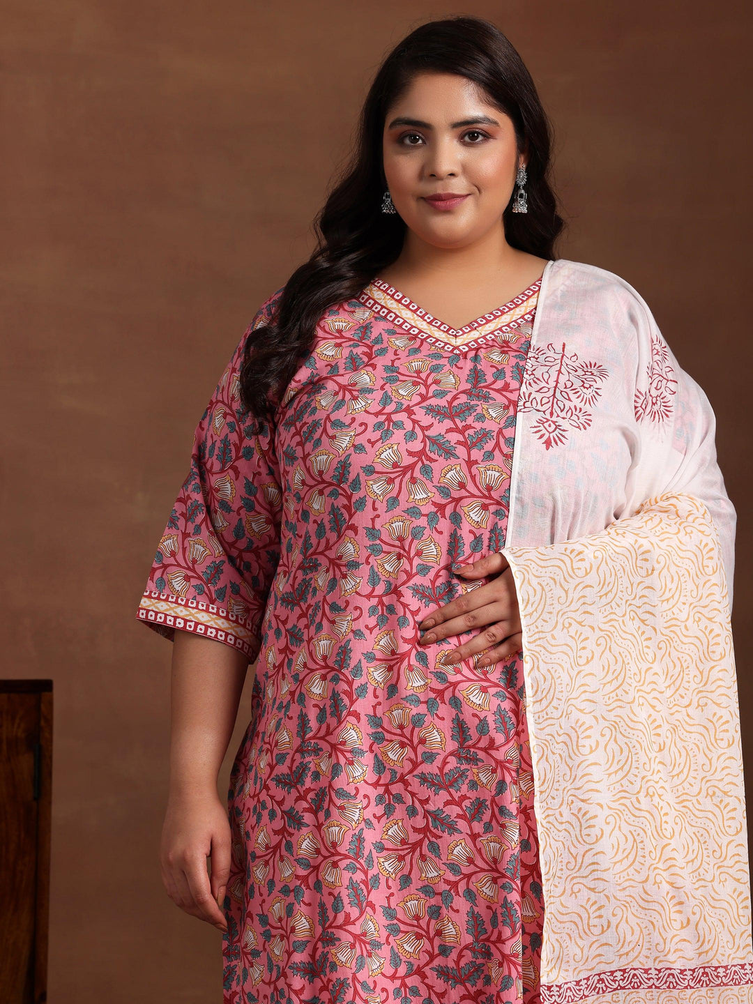 Plus Size Pink Printed Cotton Straight Suit With Dupatta - Libas 