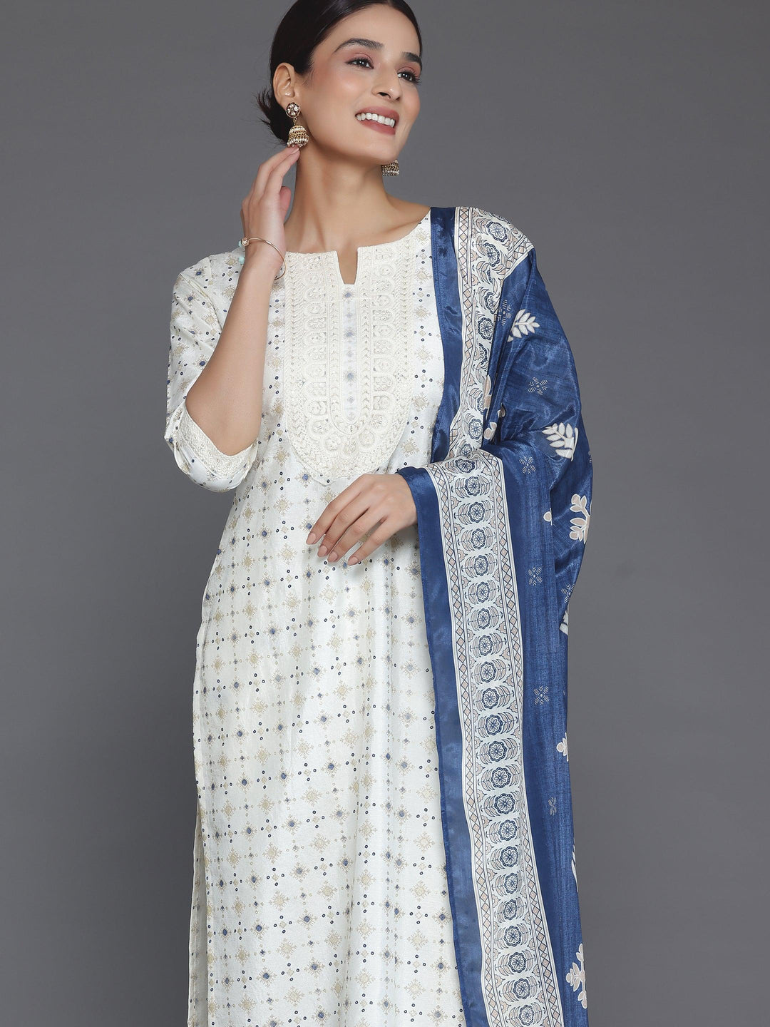 Off White Printed Silk Blend Straight Suit With Dupatta - Libas