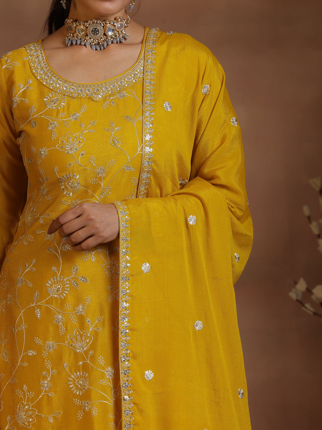  Mustard Embroidered Silk Blend Straight Suit With Dupatta 