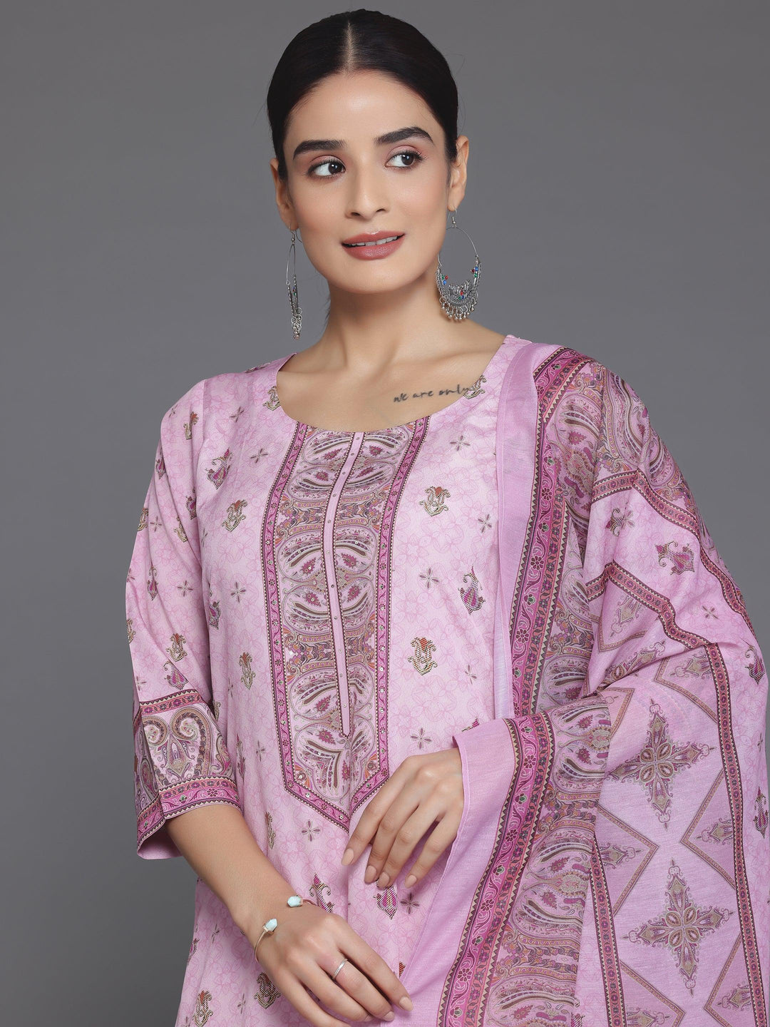 Pink Printed Poly Crepe Straight Suit With Dupatta - Libas