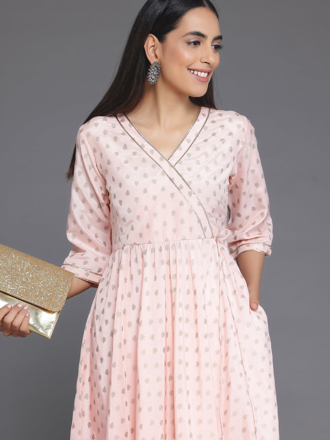 Peach Printed Silk Blend Anarkali Kurta Set - Libas