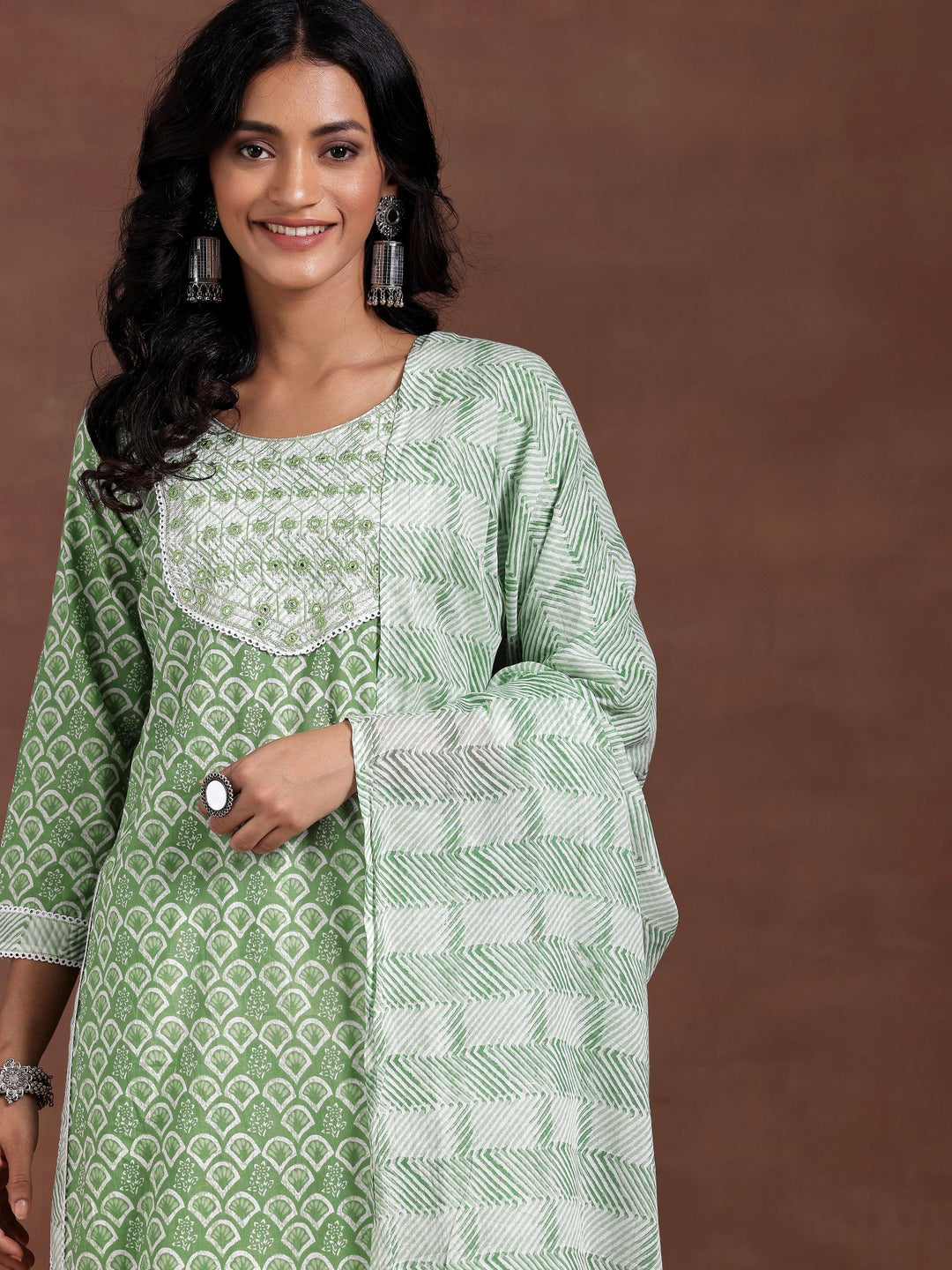 Green Printed Cotton Straight Suit With Dupatta - Libas