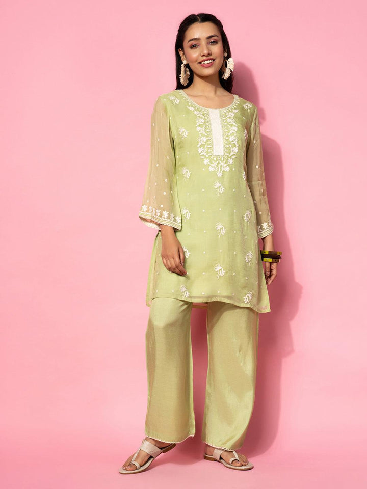 Green Embroidered Silk Blend Co-Ords - Libas