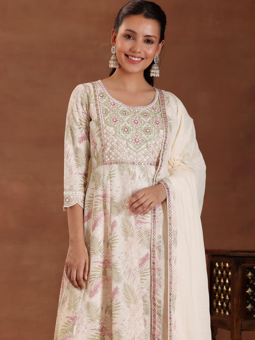 Pink Embroidered Pure Cotton A-line Kurta With Sharara & Dupatta - Libas