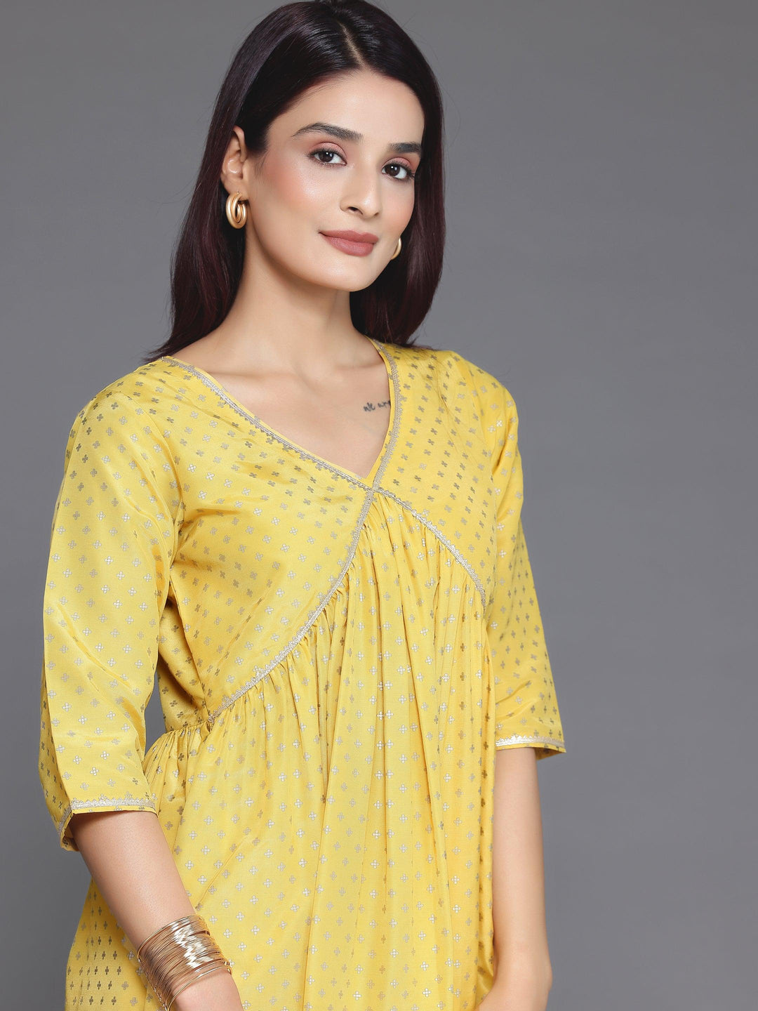 Yellow Woven Design Silk Blend A-Line Kurta With Trousers - Libas 