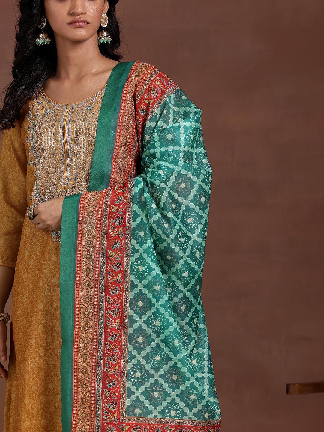 Mustard Printed Silk Blend Straight Suit With Dupatta - Libas 