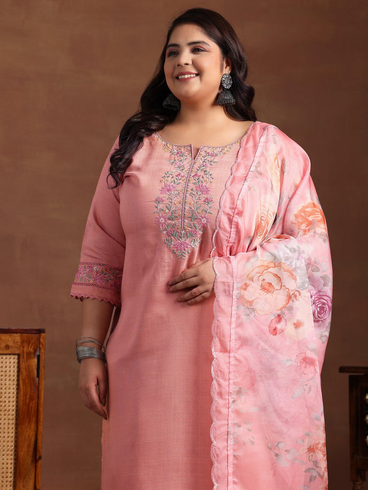 Plus Size Peach Yoke Design Silk Blend Straight Suit With Dupatta - Libas