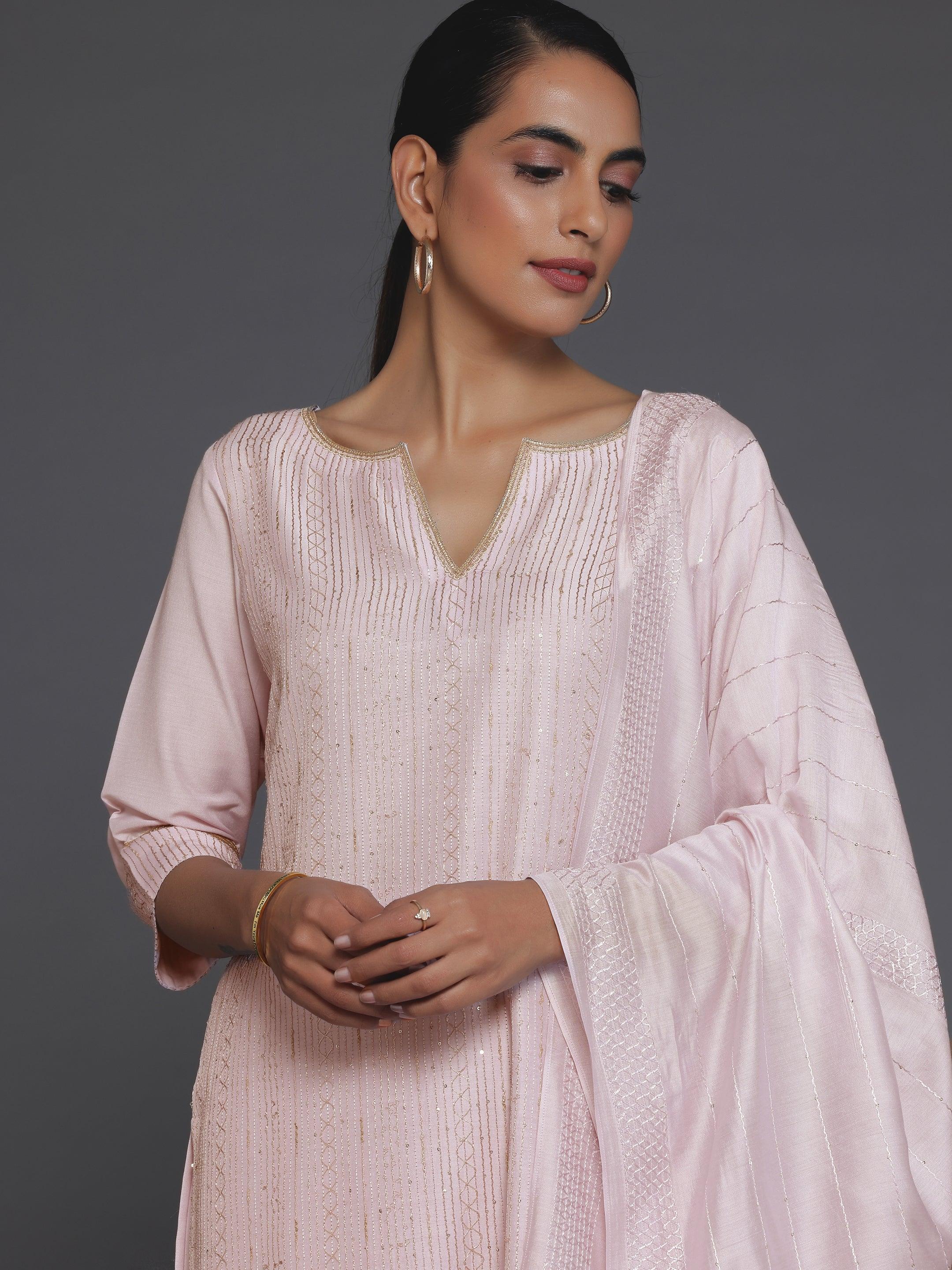 Pink Self Design Silk Blend Straight Suit With Dupatta