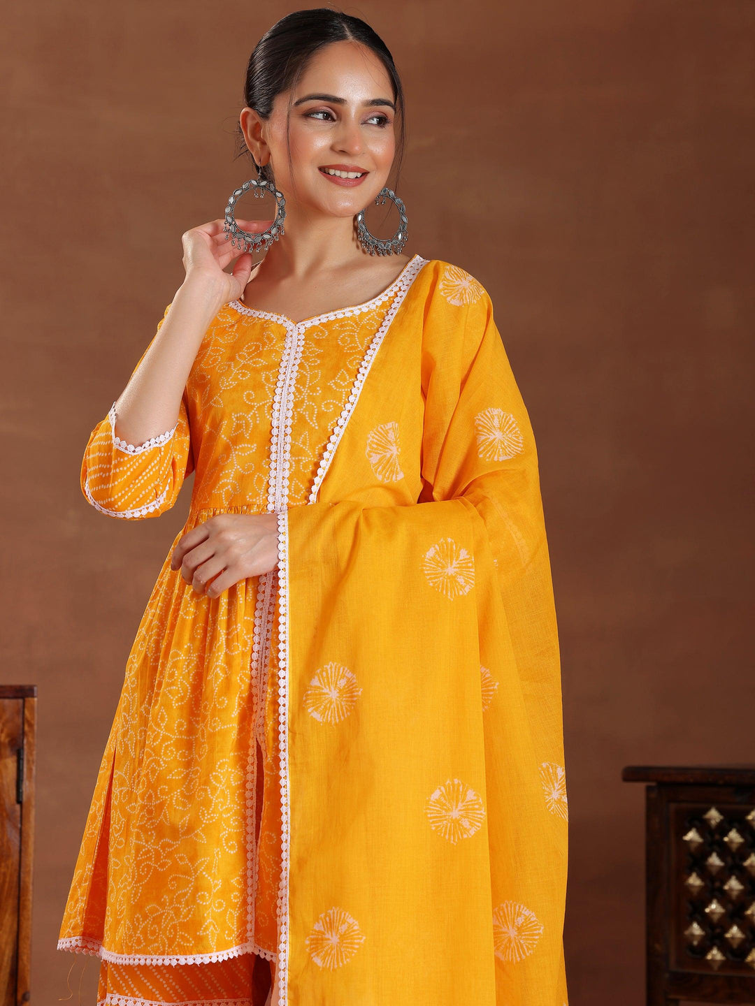 Mustard Printed Pure Cotton A-Line Kurti With Sharara & Dupatta - Libas 