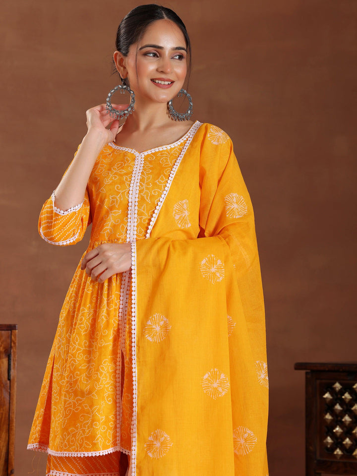 Mustard Printed Pure Cotton A-Line Kurti With Sharara & Dupatta - Libas