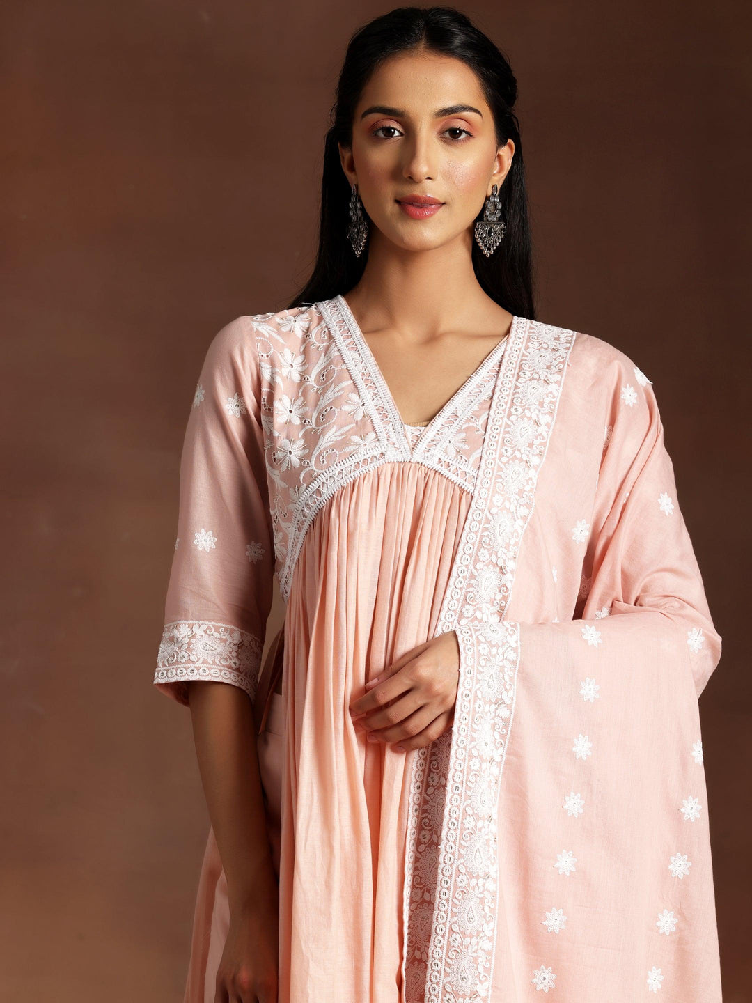 Peach Embroidered Cotton A-Line Kurta With Palazzos & Dupatta - Libas 