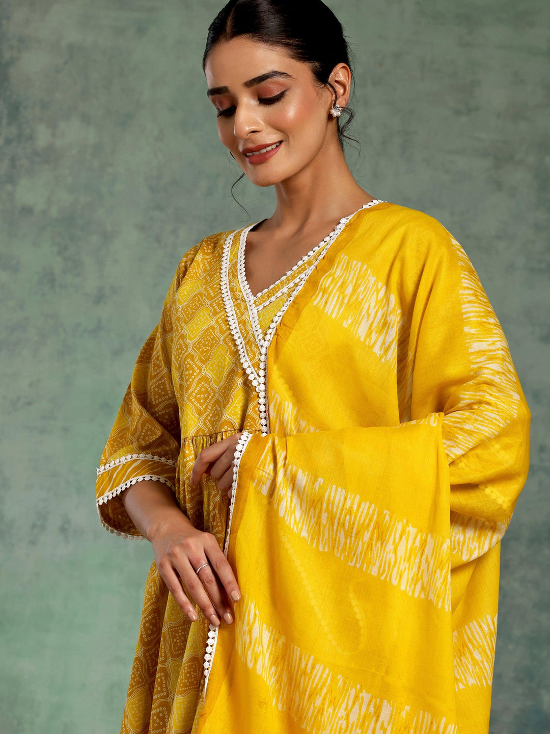 Mustard Printed Cotton A-Line Kurta With Palazzos & Dupatta - Libas 