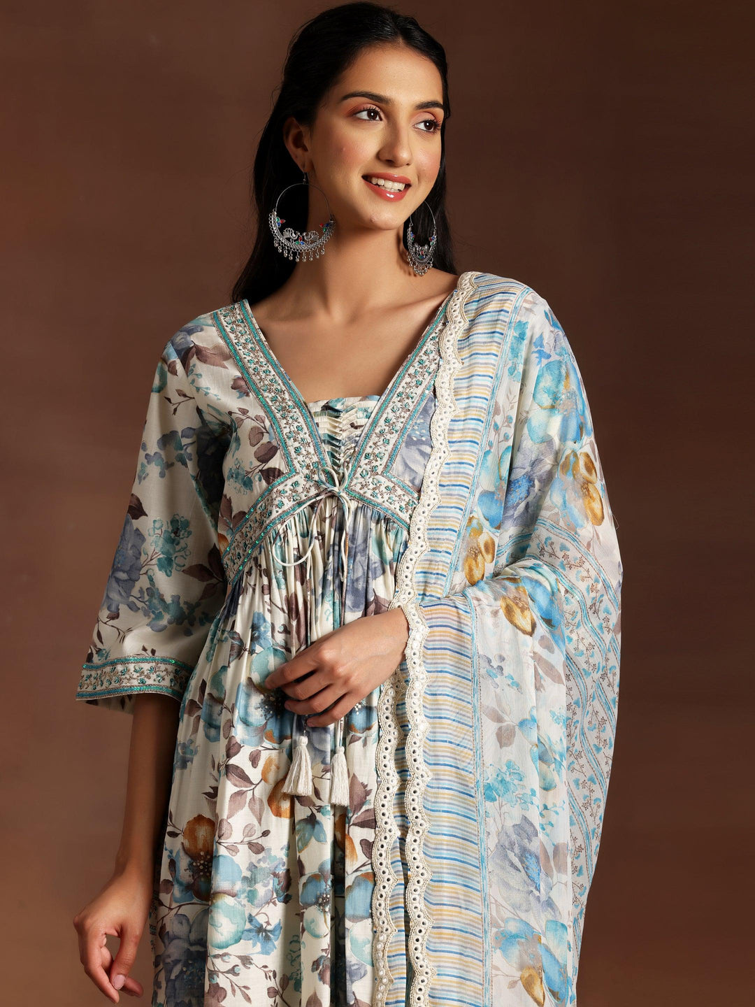 Off white Printed Silk Blend A-Line Kurta With Palazzos & Dupatta - Libas 