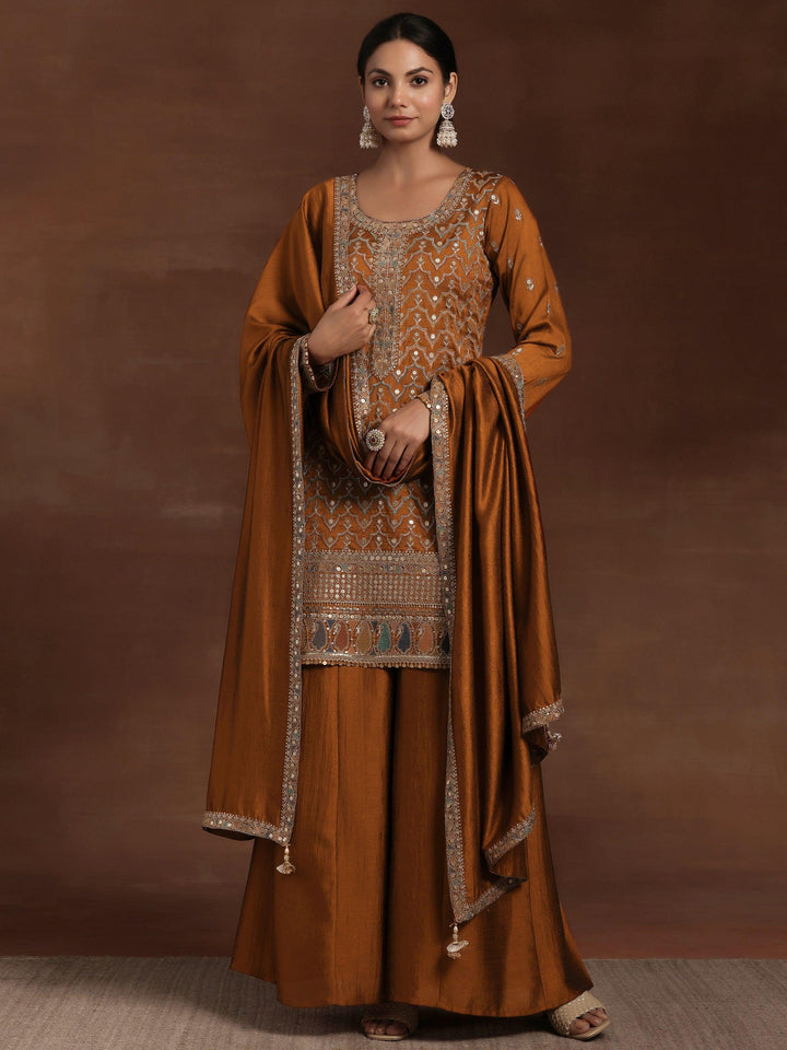 Rust Embroidered Silk Blend Straight Kurta With Palazzos & Dupatta - Libas