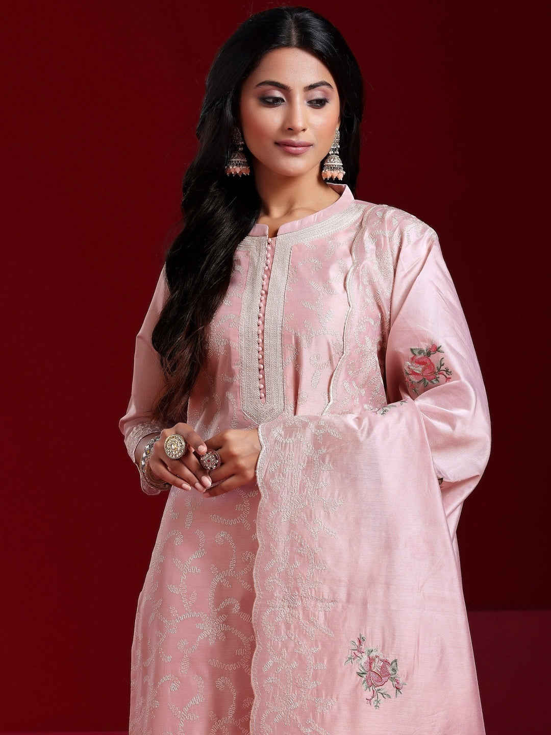 Libas Art Pink Embroidered Chanderi Silk Straight Suit With Dupatta - Libas 