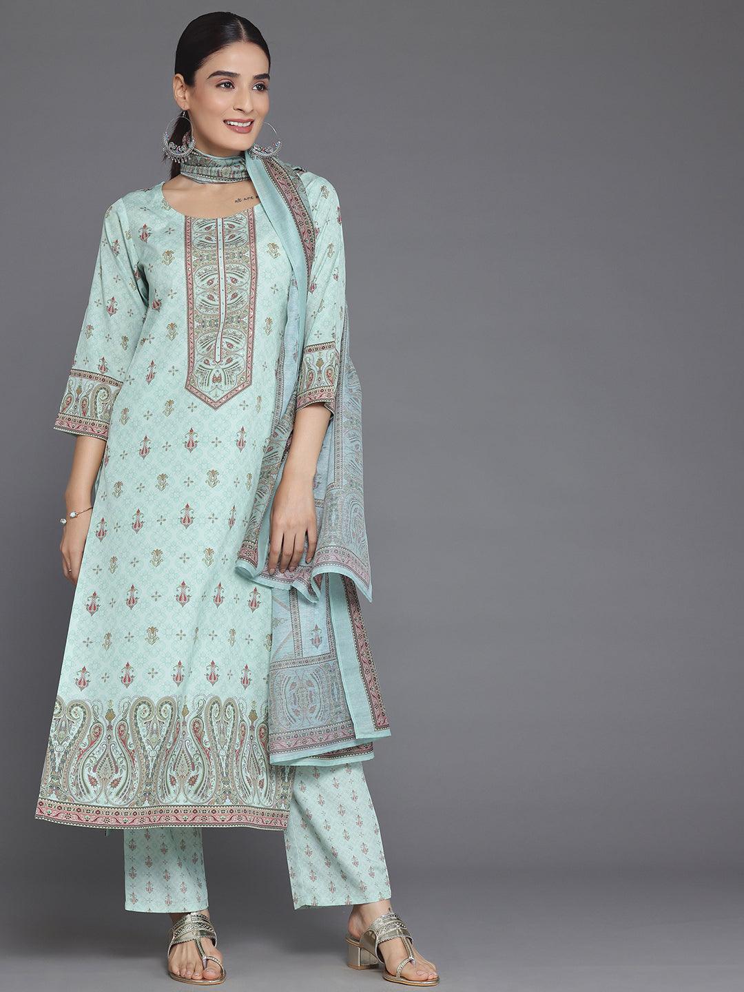 Green Printed Poly Crepe Straight Suit With Dupatta - Libas