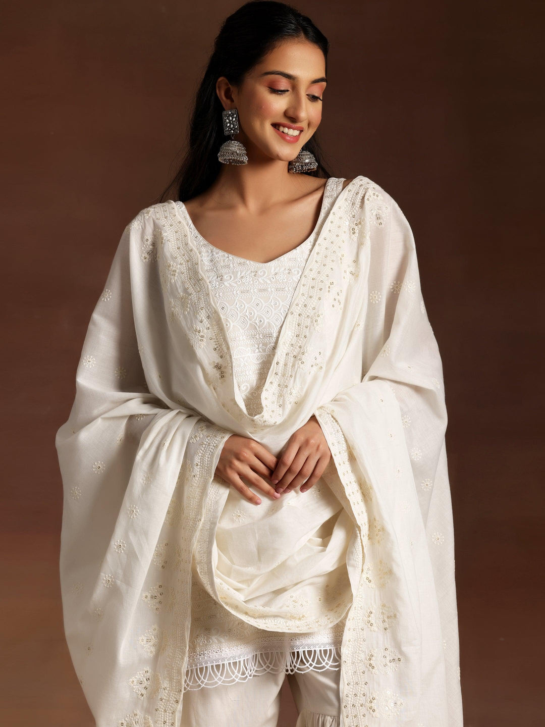 Off White Embroidered Cotton Straight Suit With Dupatta - Libas 