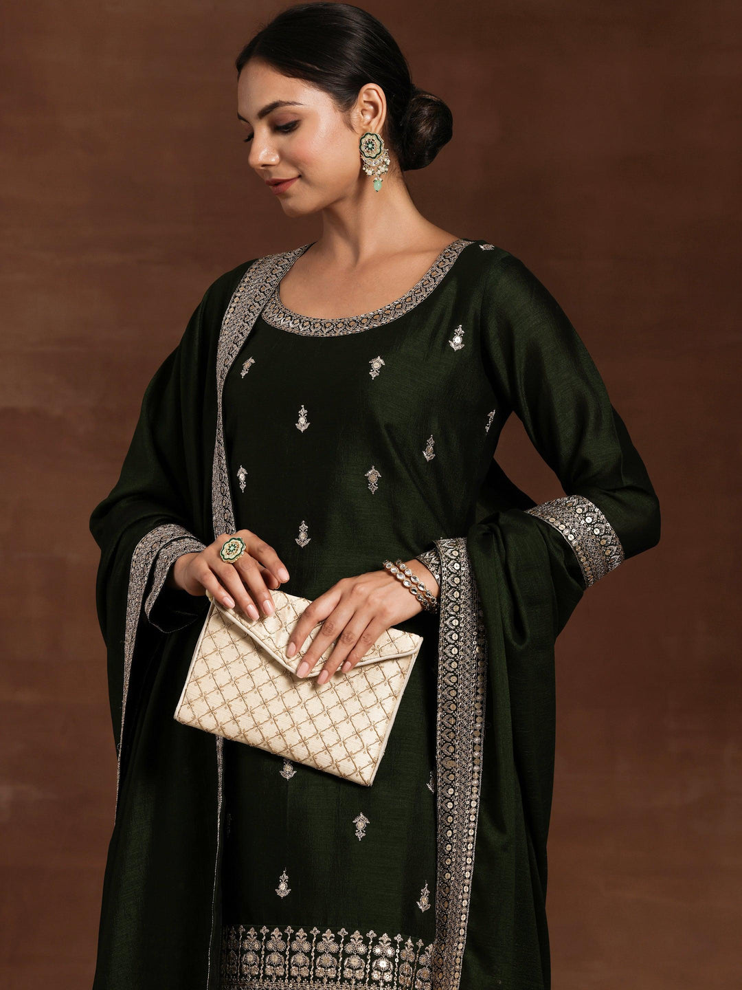 Green Embroidered Silk Blend Straight Suit With Dupatta - Libas