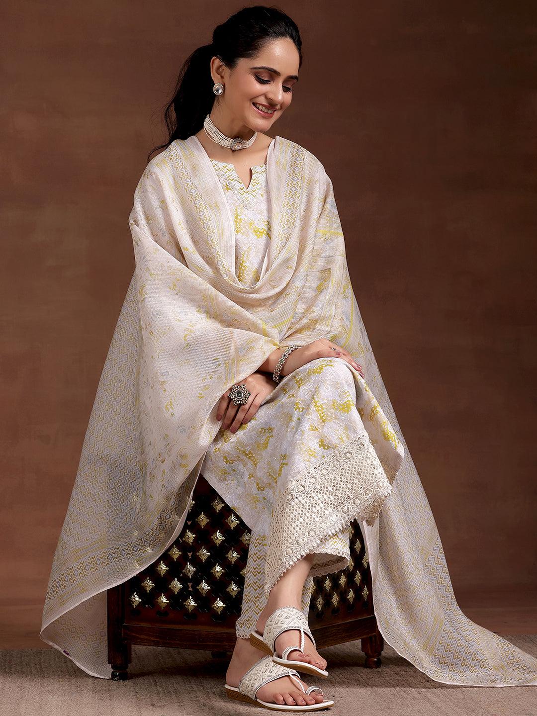 Beige Embroidered Cotton Blend Straight Suit With Dupatta - Libas