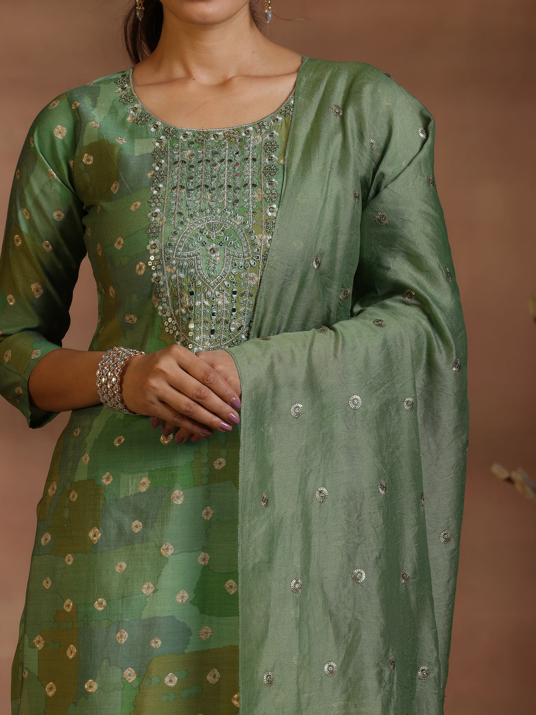  Green Printed Silk blend Straight Suit With Dupatta 