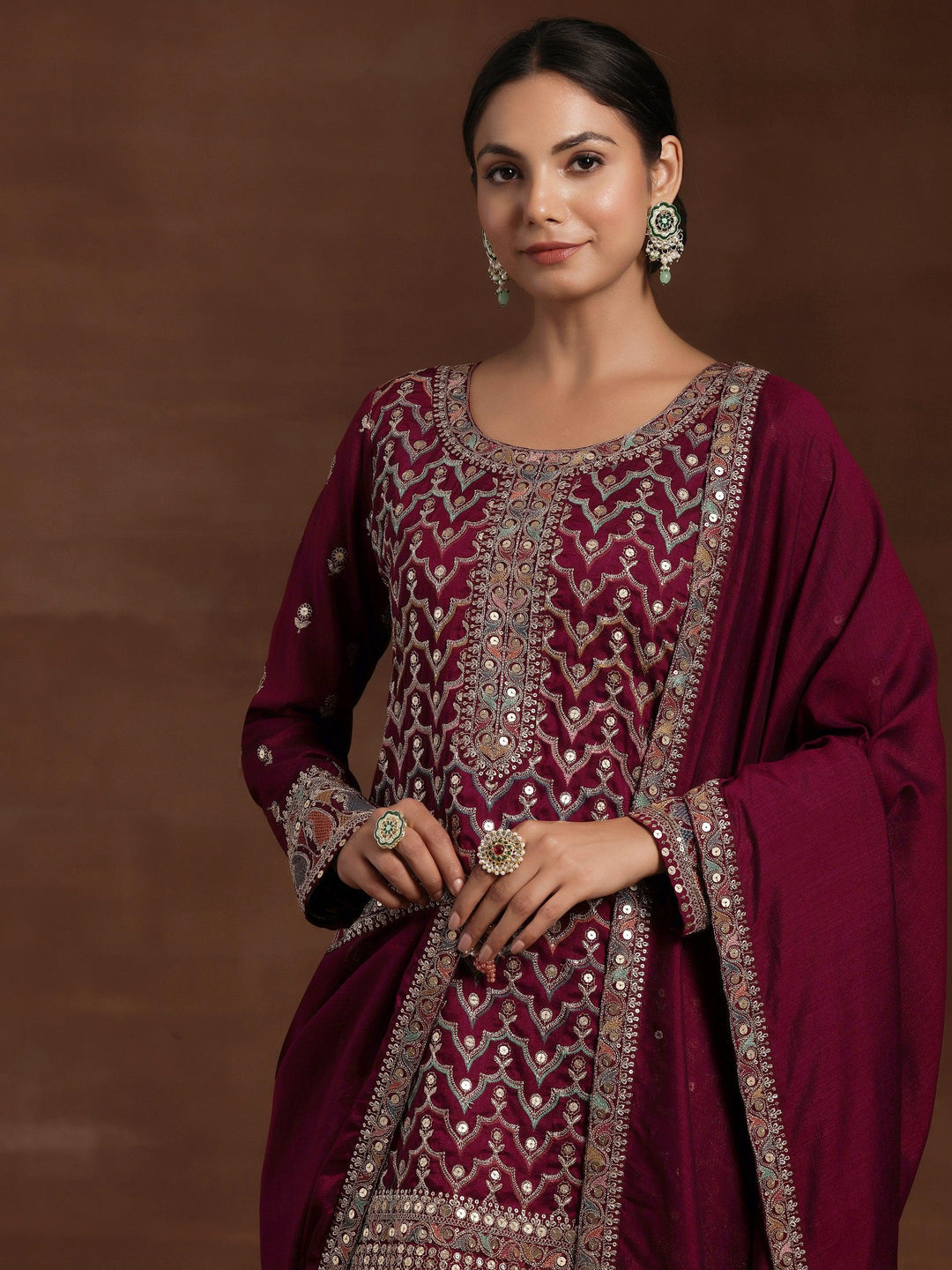 Maroon Embroidered Silk Blend Straight Kurta With Palazzos & Dupatta - Libas