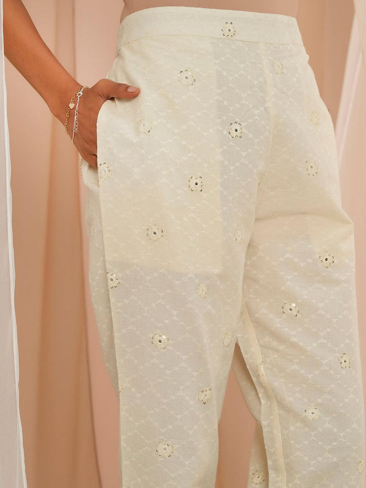 Off White Embroidered Cotton A-Line Kurta With Trousers & Dupatta - Libas