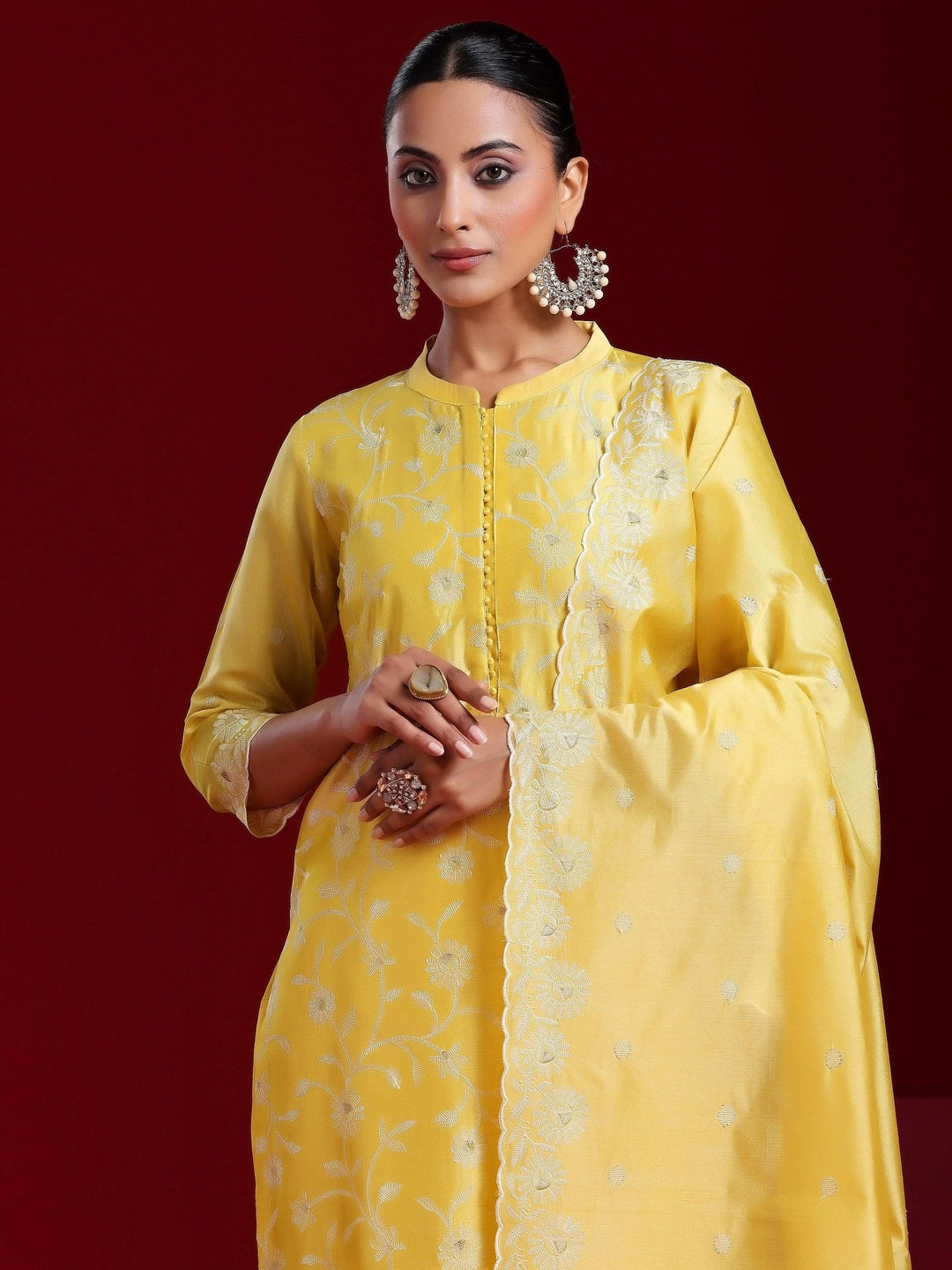 Libas Art Yellow Embroidered Chanderi Silk Straight Suit With Dupatta - Libas 