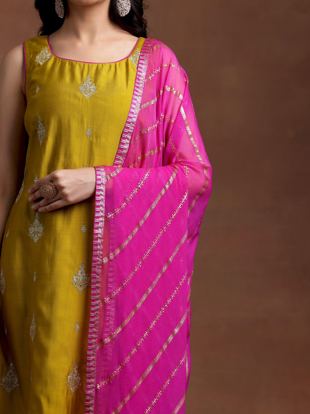 Mustard Embroidered Silk Blend Straight Suit With Dupatta - Libas 