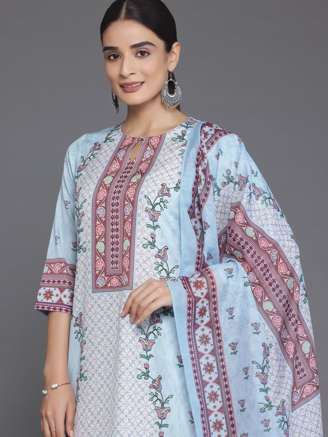 Blue Printed Poly Crepe Straight Suit With Dupatta - Libas 