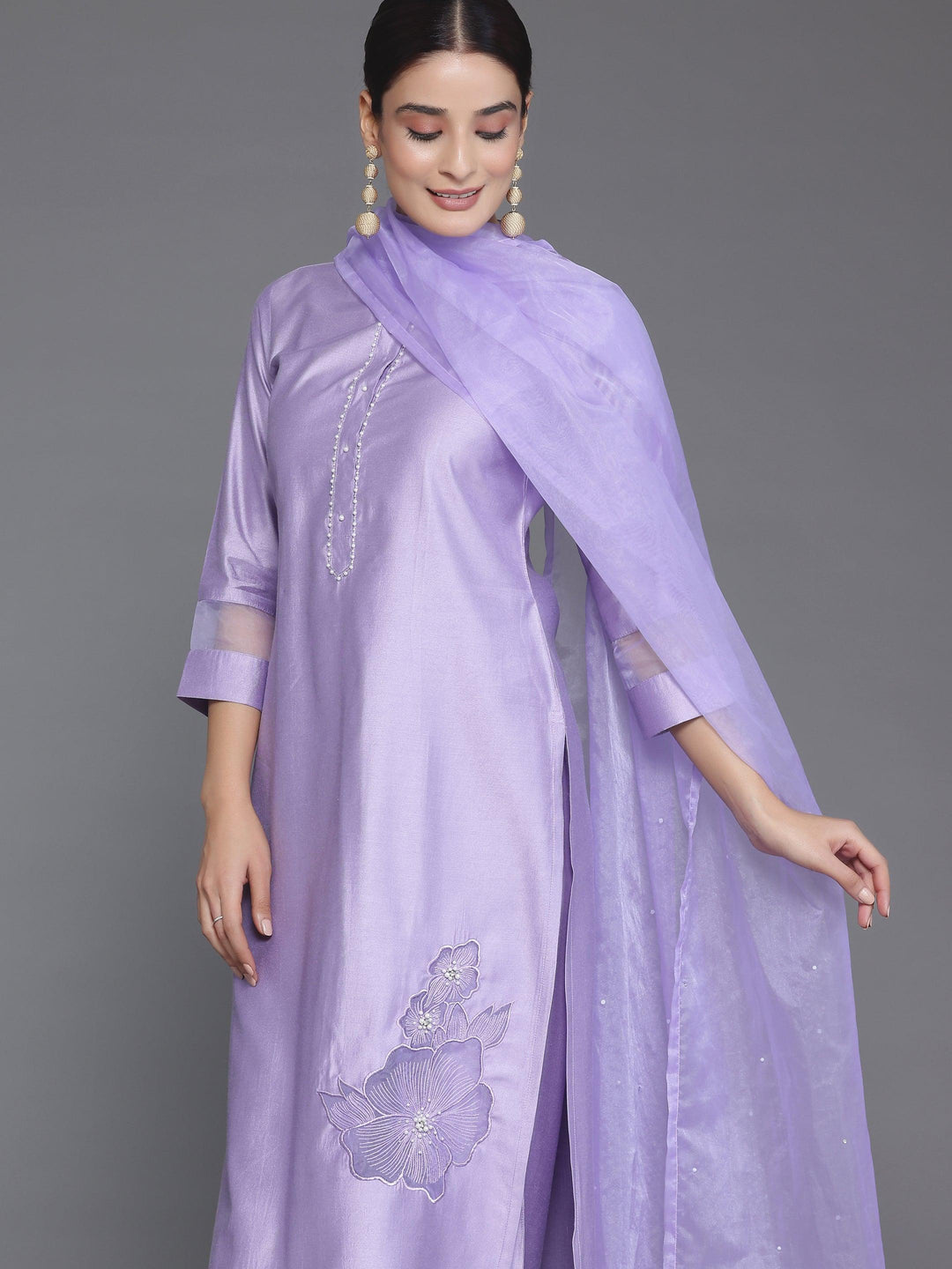 Lavender Solid Silk Blend Straight Suit With Dupatta - Libas 