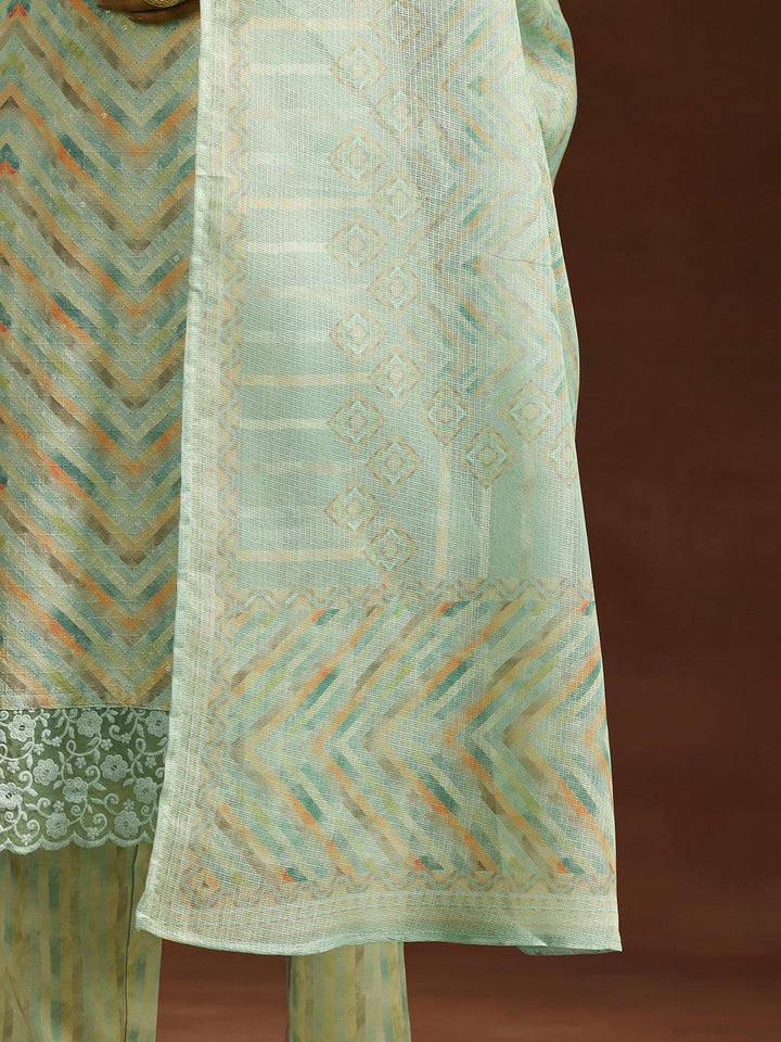 Green Embroidered Cotton Blend Straight Suit With Dupatta - Libas