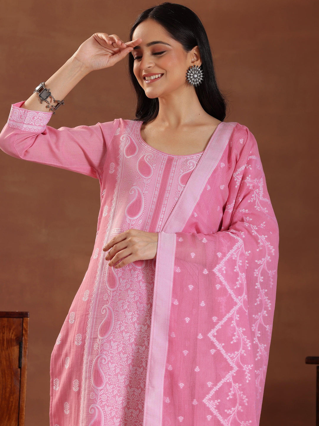 Pink Woven Design Cotton Straight Suit With Dupatta - Libas 